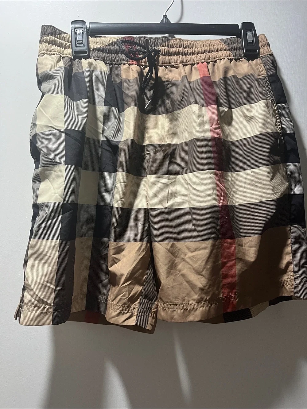 Burberry Beige Plaid Swim Board Shorts with Red Stripe